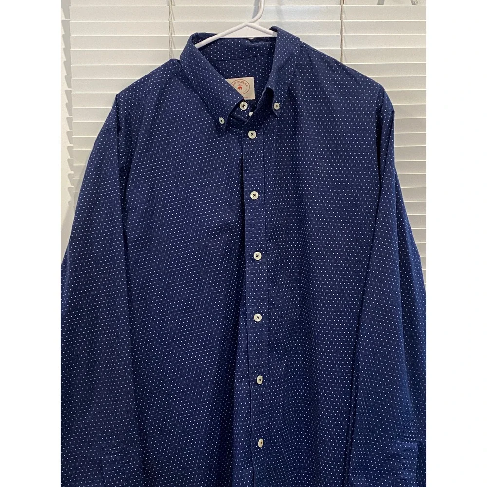 Brooks Brothers Red Fleece Mens XL Navy Blue Polka Dot Stretch Button Down Shirt